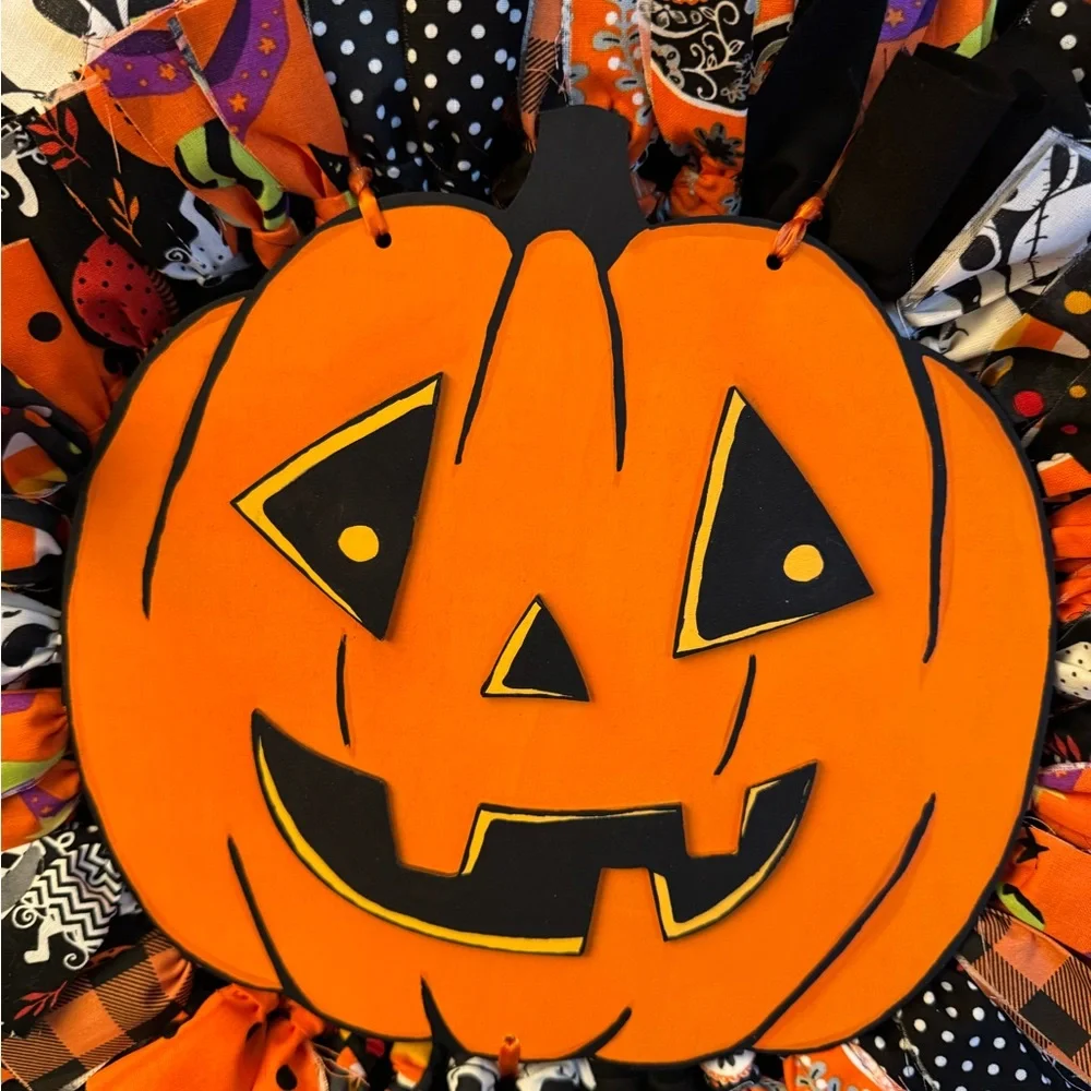 Retro Pumpkin Halloween Rag Wreath